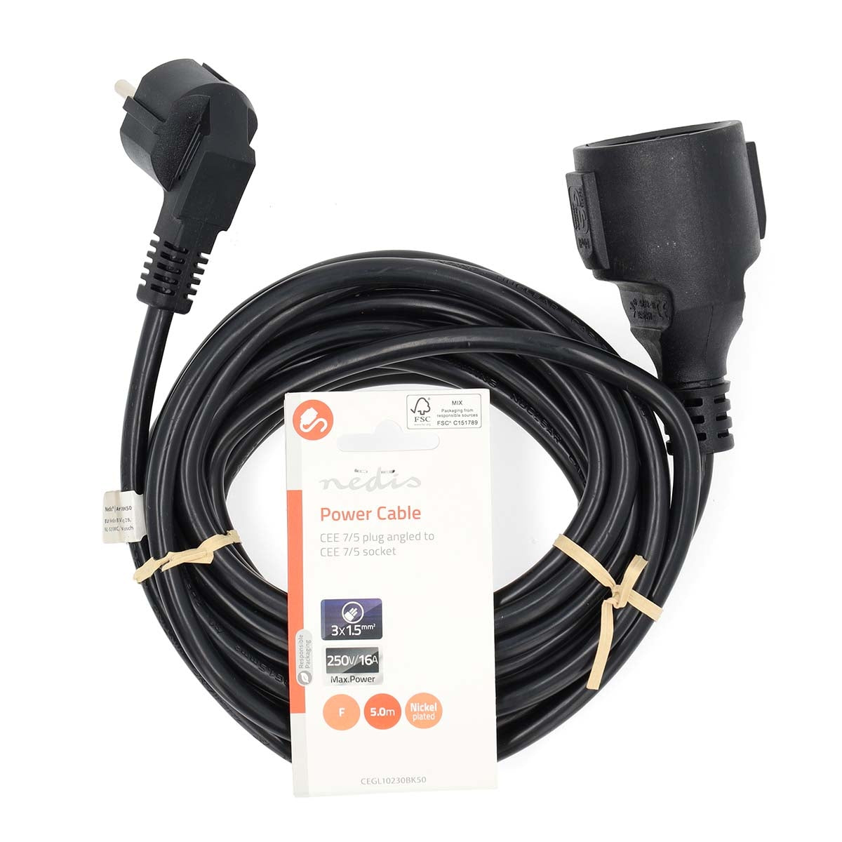 Power cable | Power connector Male | Power connector Female | Angled | Straight | Nickel Plated | 5.00 m | Round | PVC | Black | Label