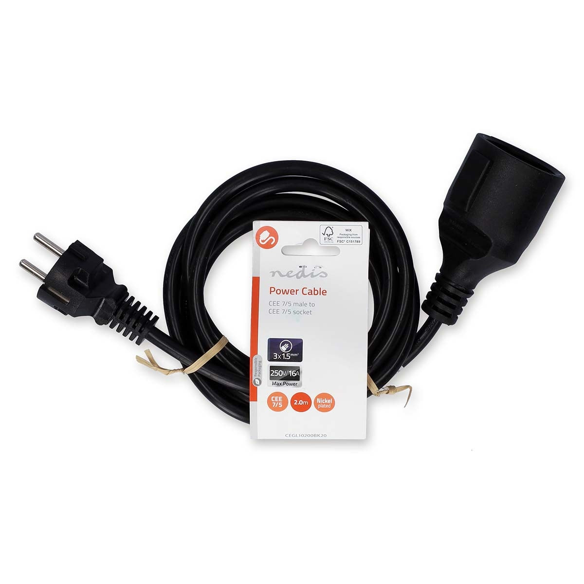 Power cable | Power connector Male | Power connector Female | Straight | Straight | Nickel Plated | 2.00 m | Round | PVC | Black | Label