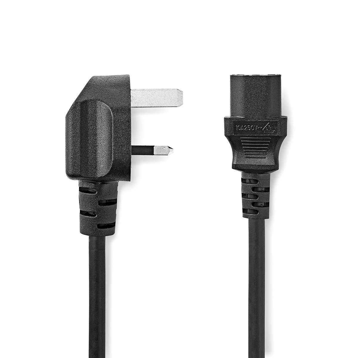 Power cable | UK Contact Male | IEC-320-C13 | Angled | Straight | Nickel Plated | 2.00 m | Round | PVC | Black | Label
