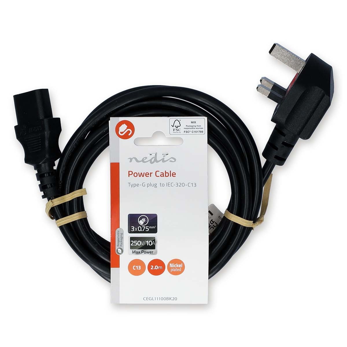 Power cable | UK Contact Male | IEC-320-C13 | Angled | Straight | Nickel Plated | 2.00 m | Round | PVC | Black | Label