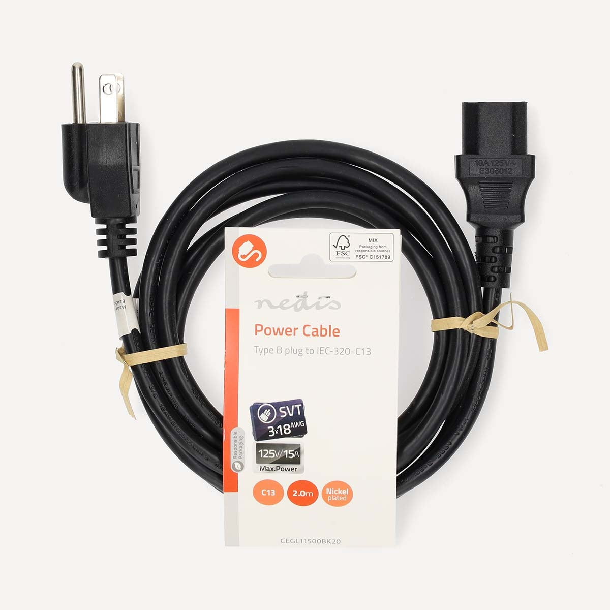 Power cable | USA Male | IEC-320-C13 | Straight | Straight | Nickel Plated | 2.00 m | Round | PVC | Black | Label