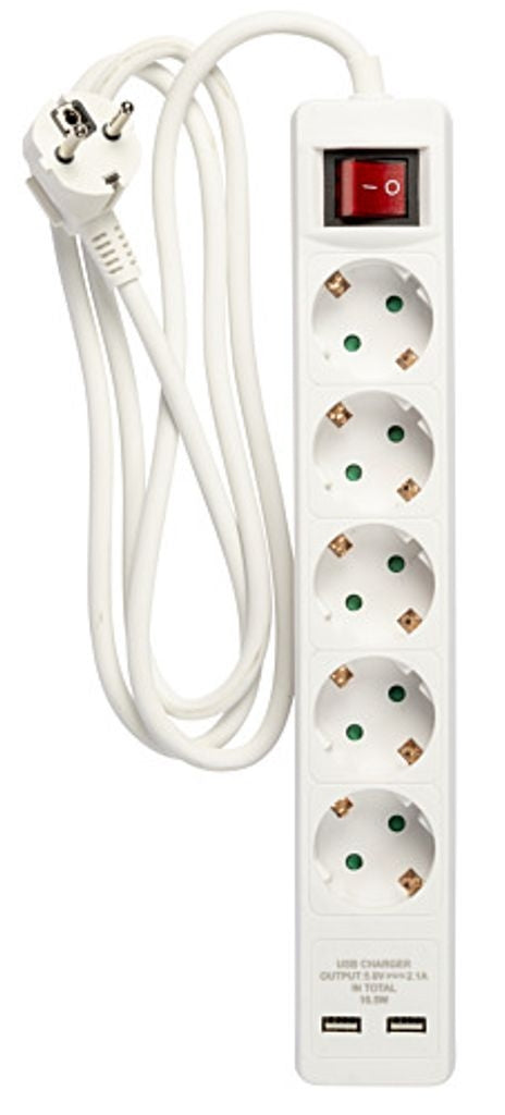 Power outlet 5-way connector with 2x USB, 1.5m