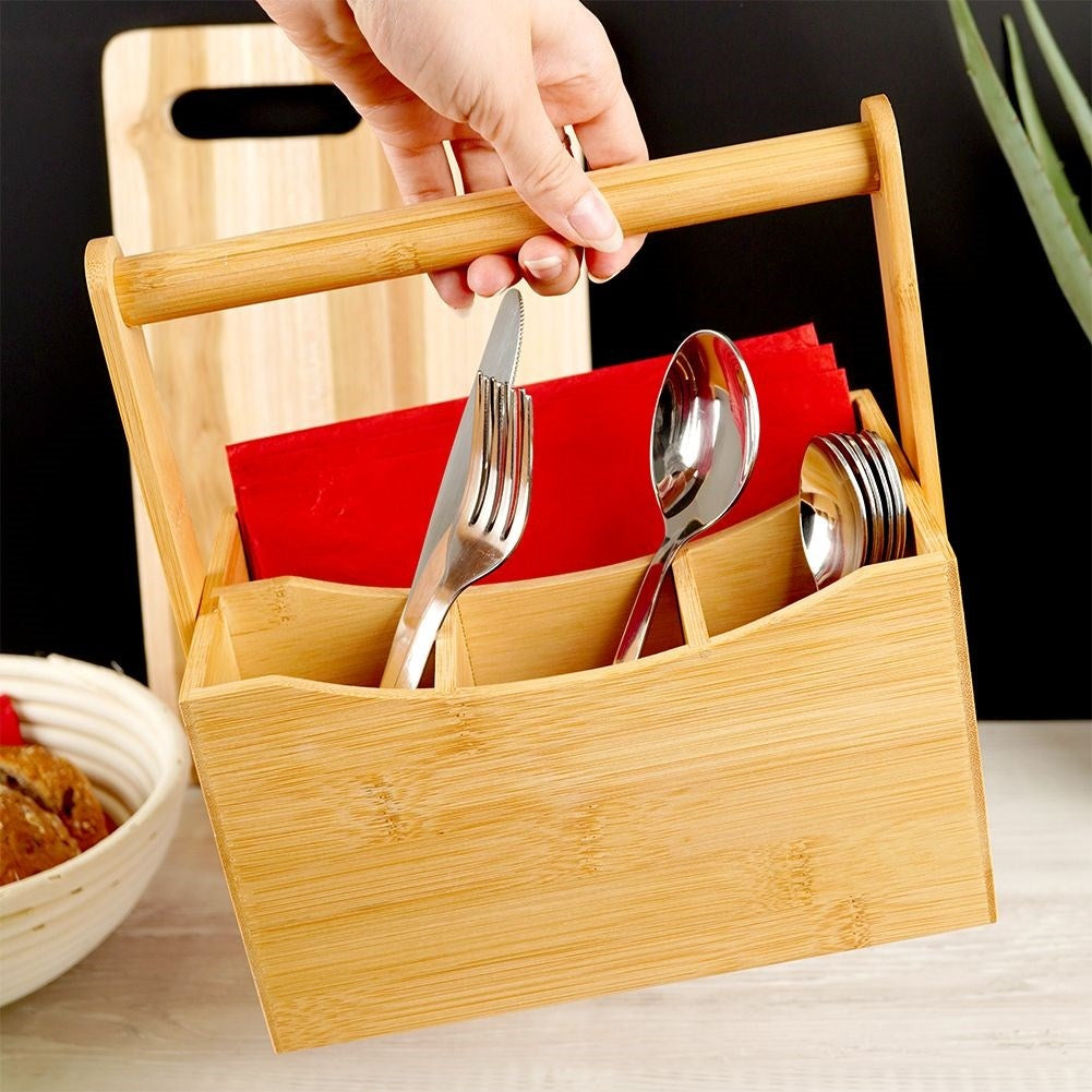 Practical bamboo box with 4 compartments for cutlery and spices