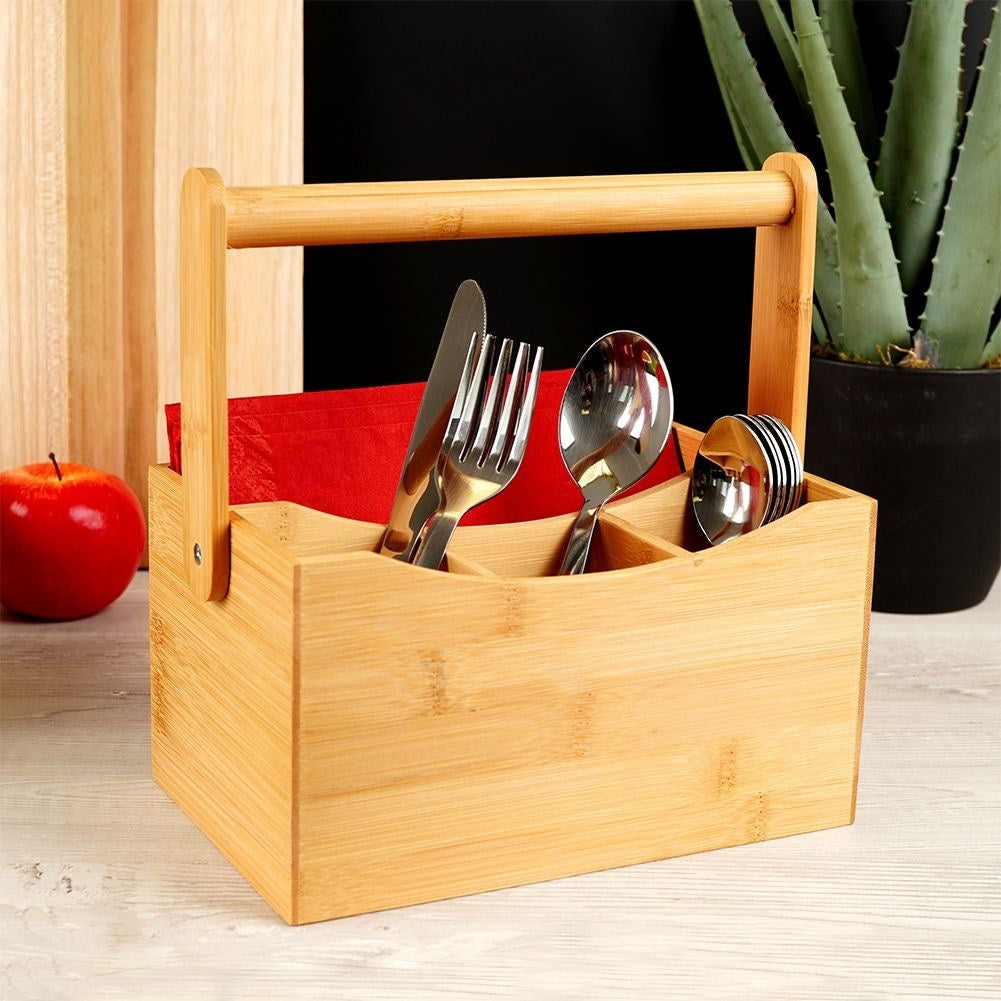Practical bamboo box with 4 compartments for cutlery and spices