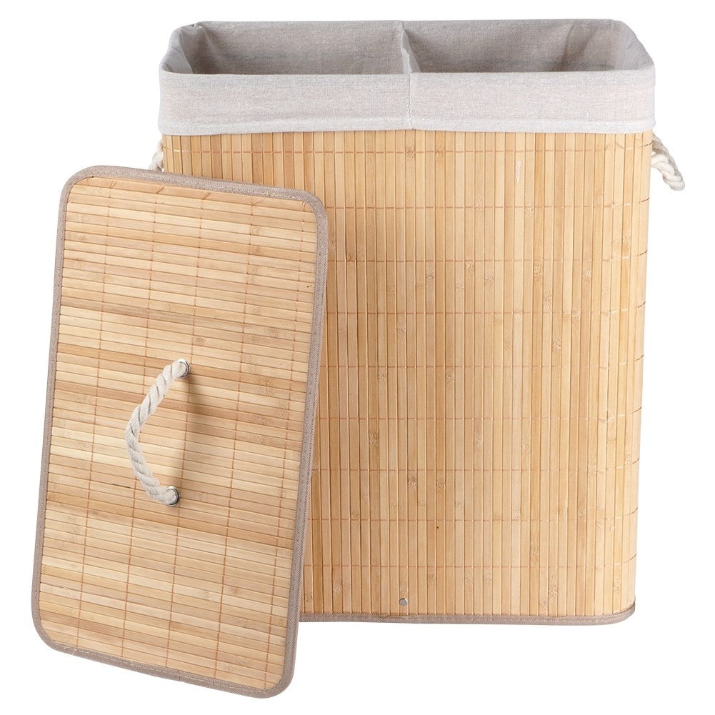 Practical bamboo laundry basket with two compartments and lid