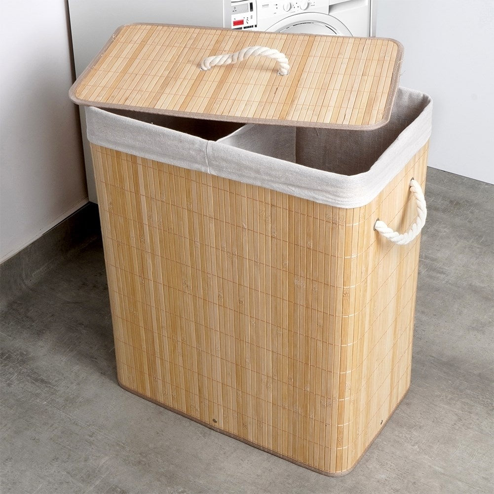 Practical bamboo laundry basket with two compartments and lid