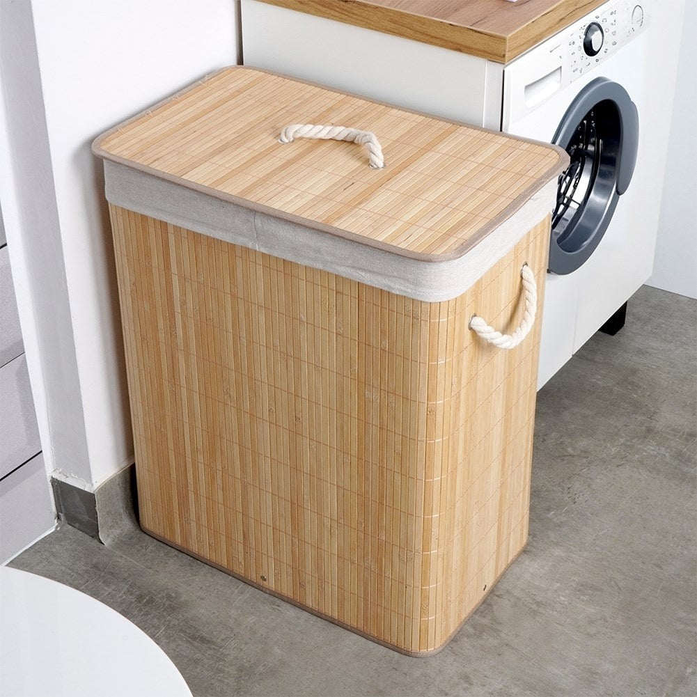 Practical bamboo laundry basket with two compartments and lid