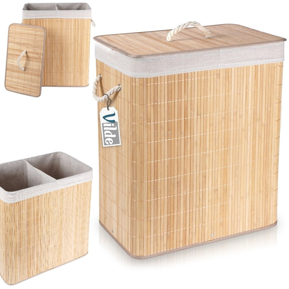 Practical bamboo laundry basket with two compartments and lid