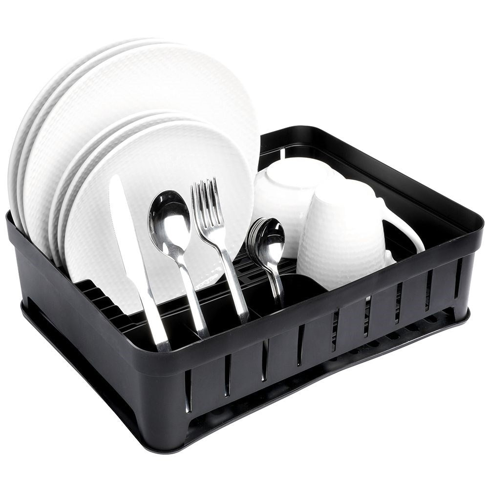 Practical black dish rack with flexible drip tray
