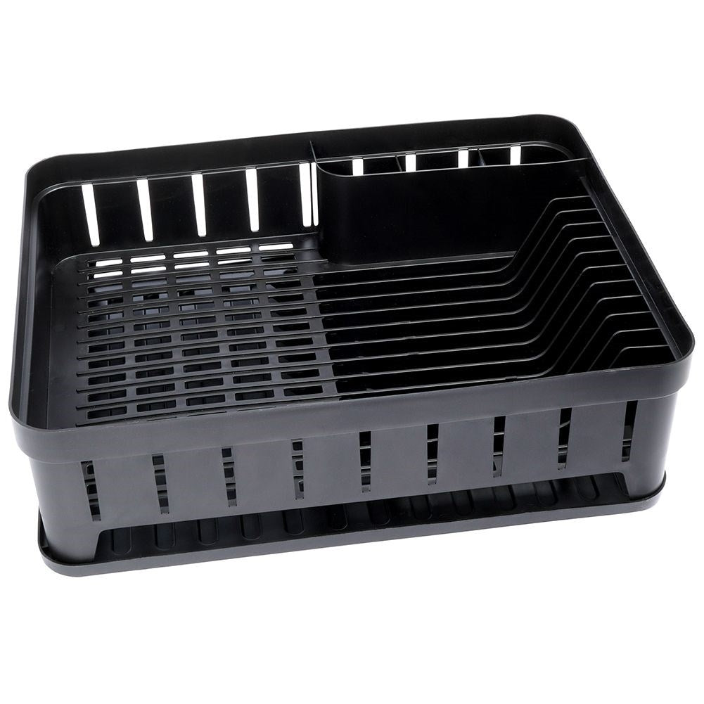 Practical black dish rack with flexible drip tray