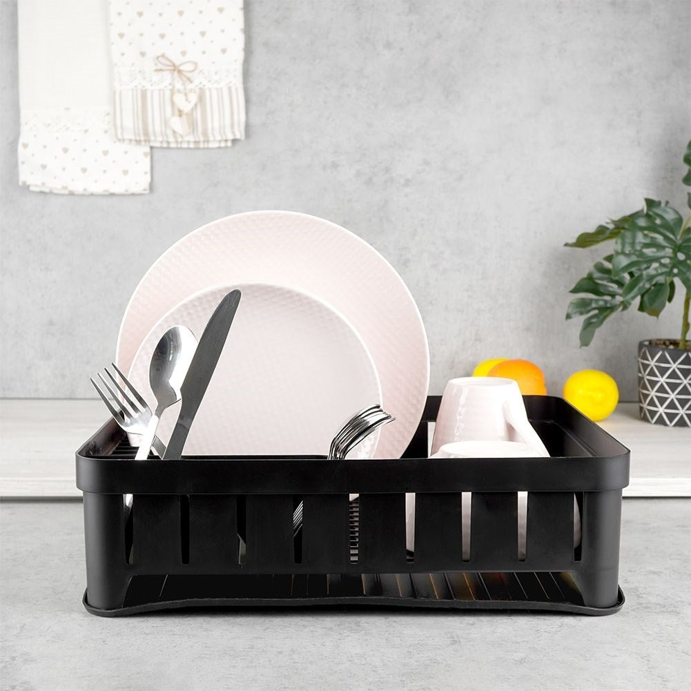 Practical black dish rack with flexible drip tray