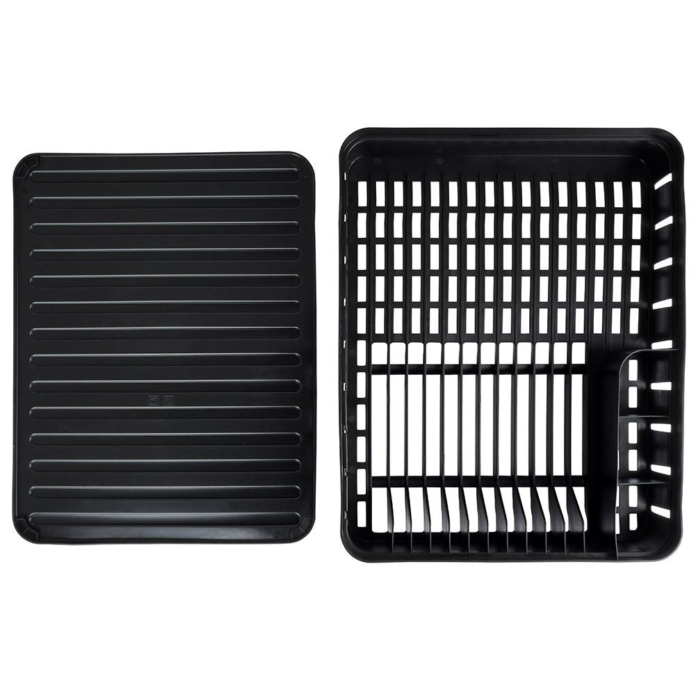 Practical black dish rack with flexible drip tray