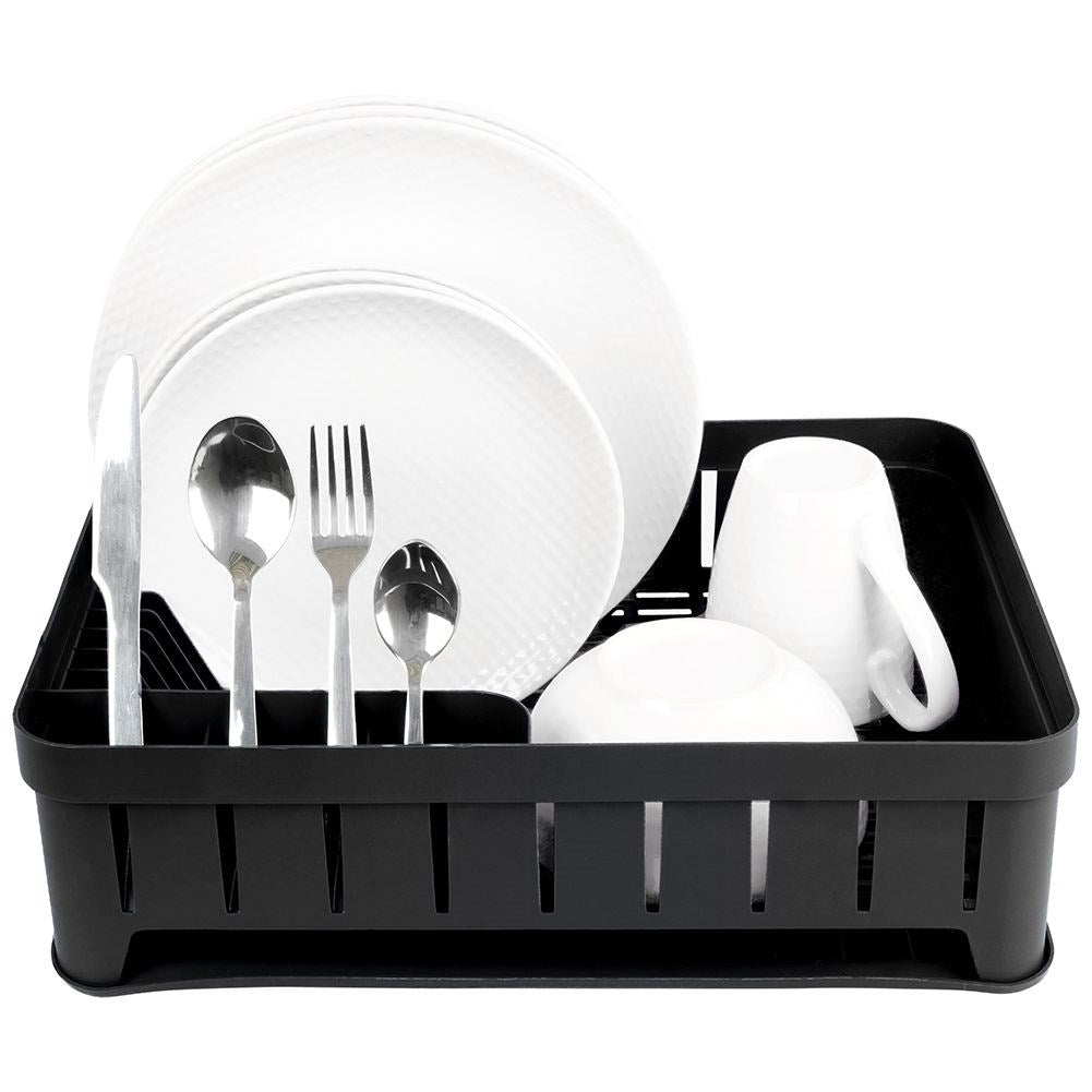 Practical black dish rack with flexible drip tray