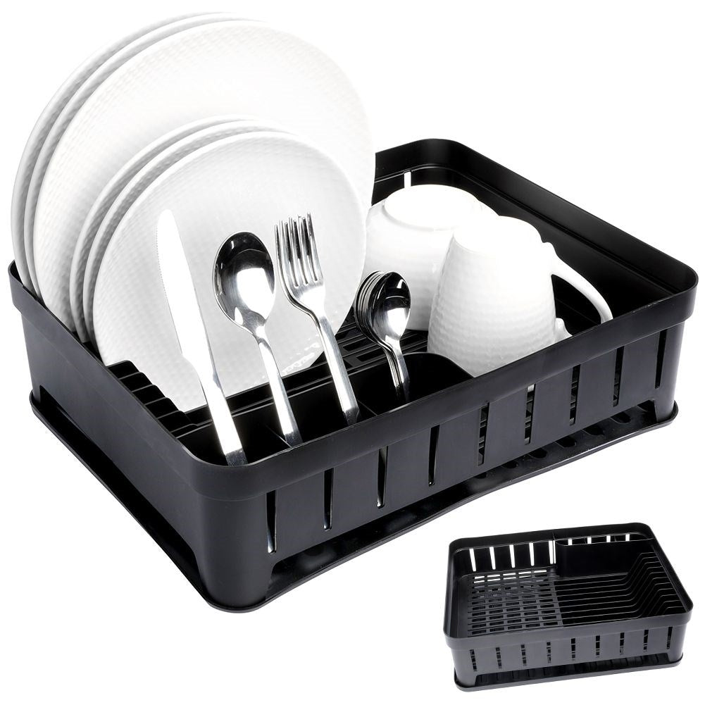Practical black dish rack with flexible drip tray