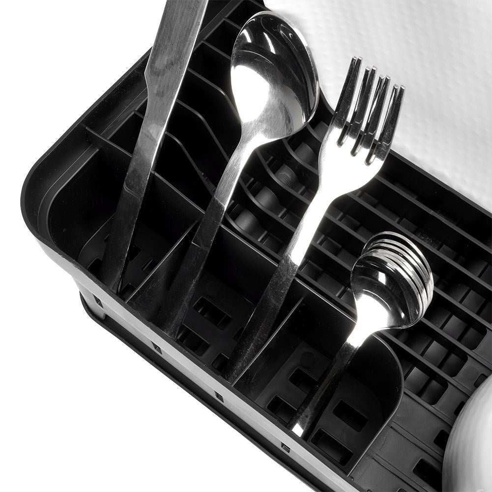 Practical black dish rack with flexible drip tray