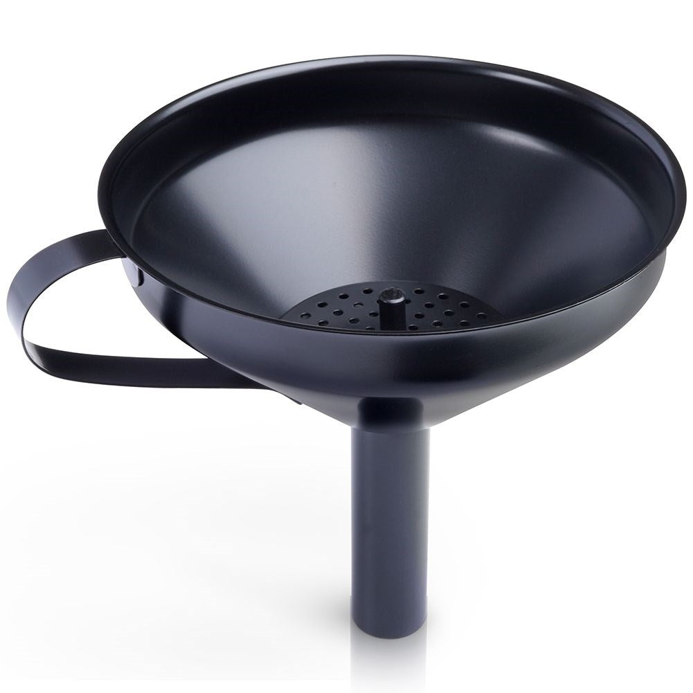 Practical black funnel with stainless steel filter for drinks