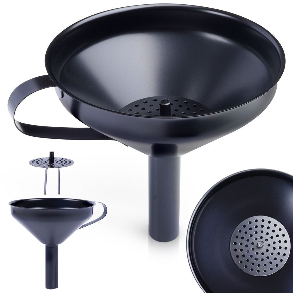 Practical black funnel with stainless steel filter for drinks