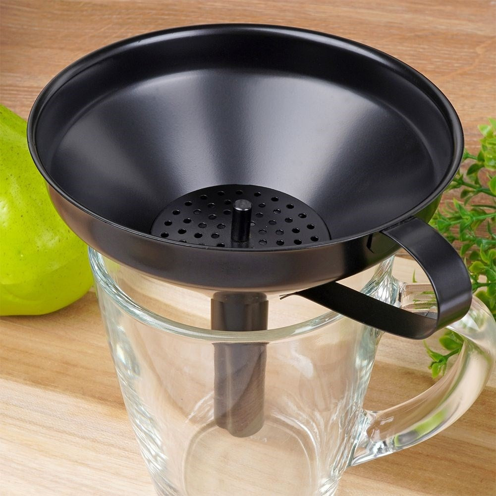 Practical black funnel with stainless steel filter for drinks