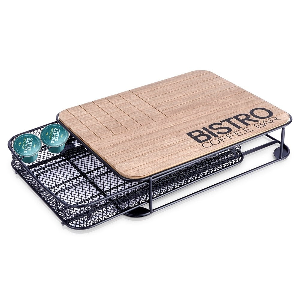 Practical capsule holder in matt black metal and MDF