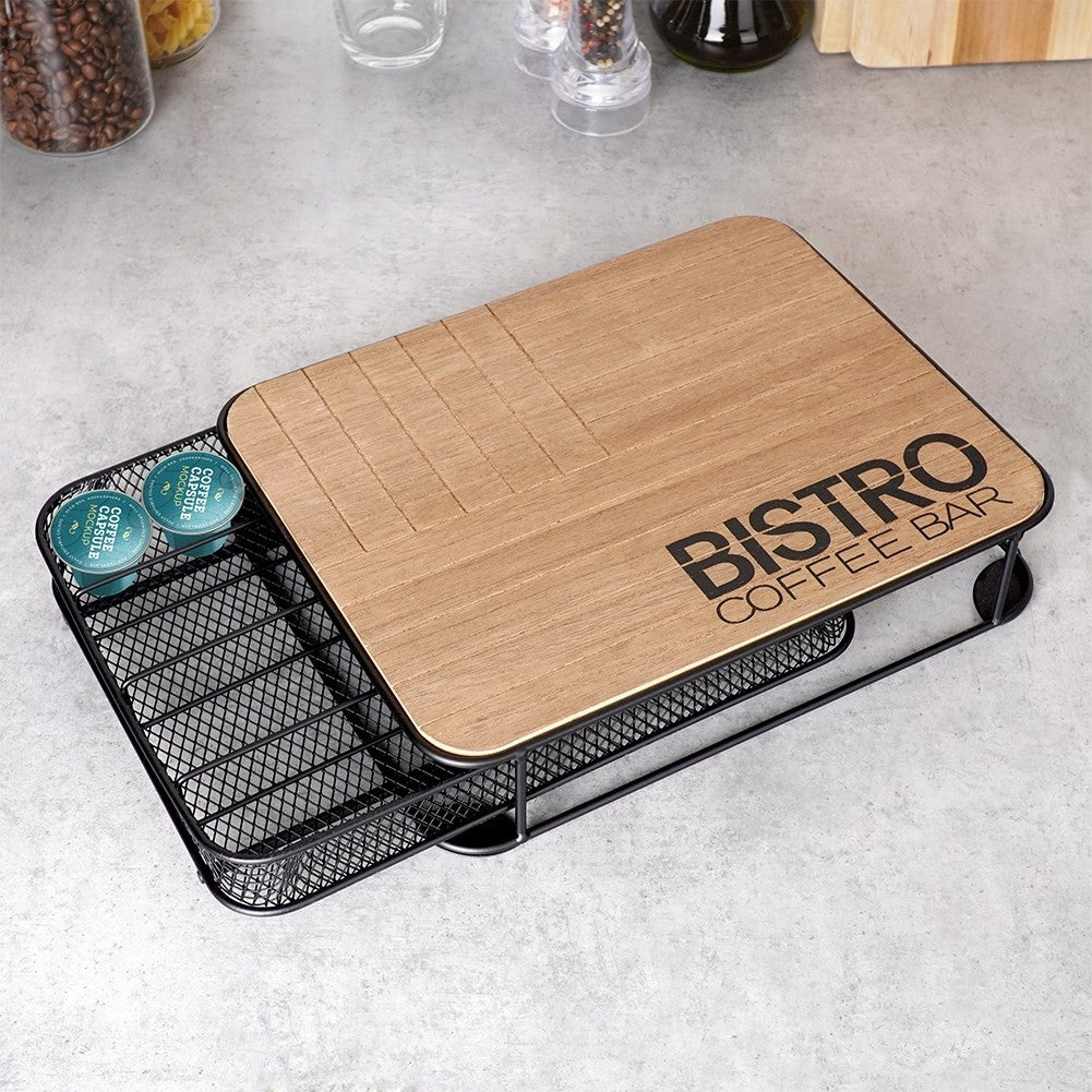 Practical capsule holder in matt black metal and MDF