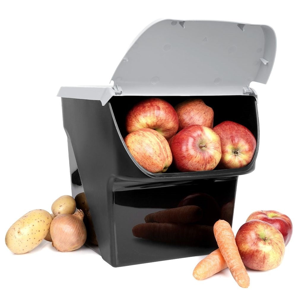 Practical container for fruit and vegetables with flap lid