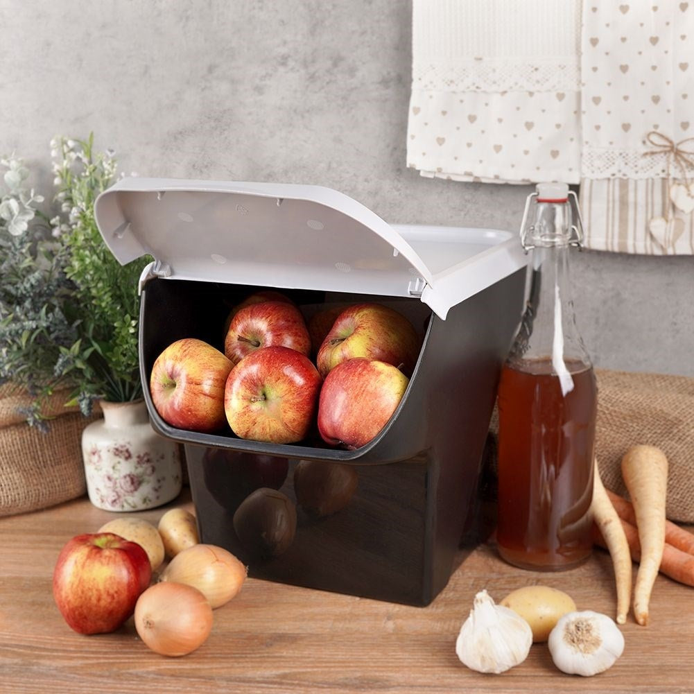 Practical container for fruit and vegetables with flap lid