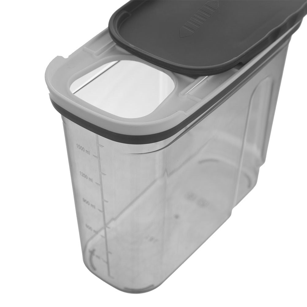 Practical container with dosing lid and measuring scoop