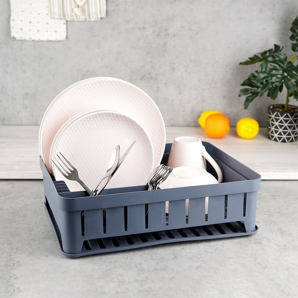 Practical graphite colored dish rack with flexible drip tray