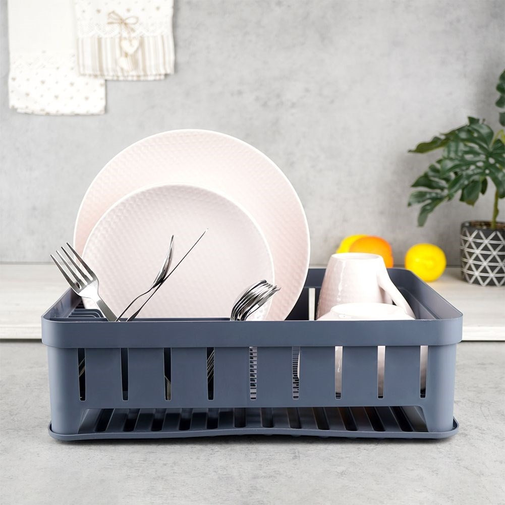 Practical graphite colored dish rack with flexible drip tray