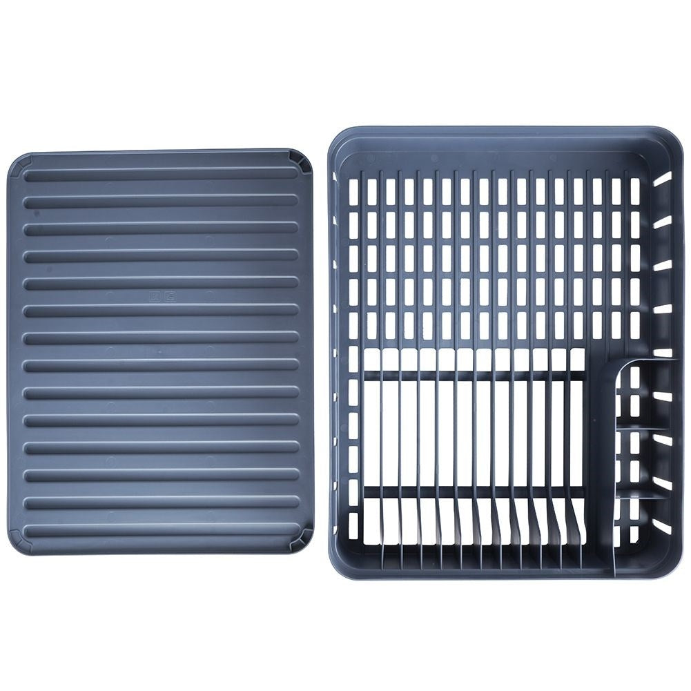 Practical graphite colored dish rack with flexible drip tray
