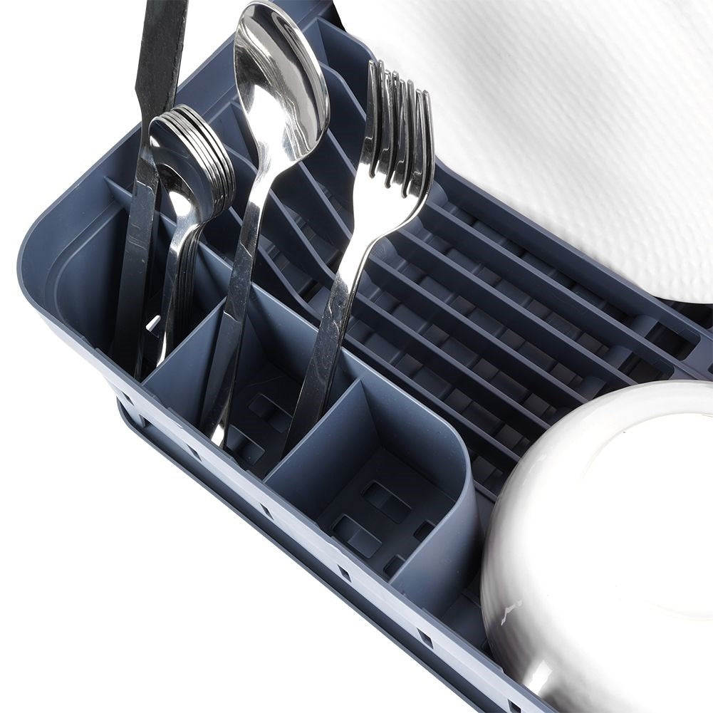 Practical graphite colored dish rack with flexible drip tray