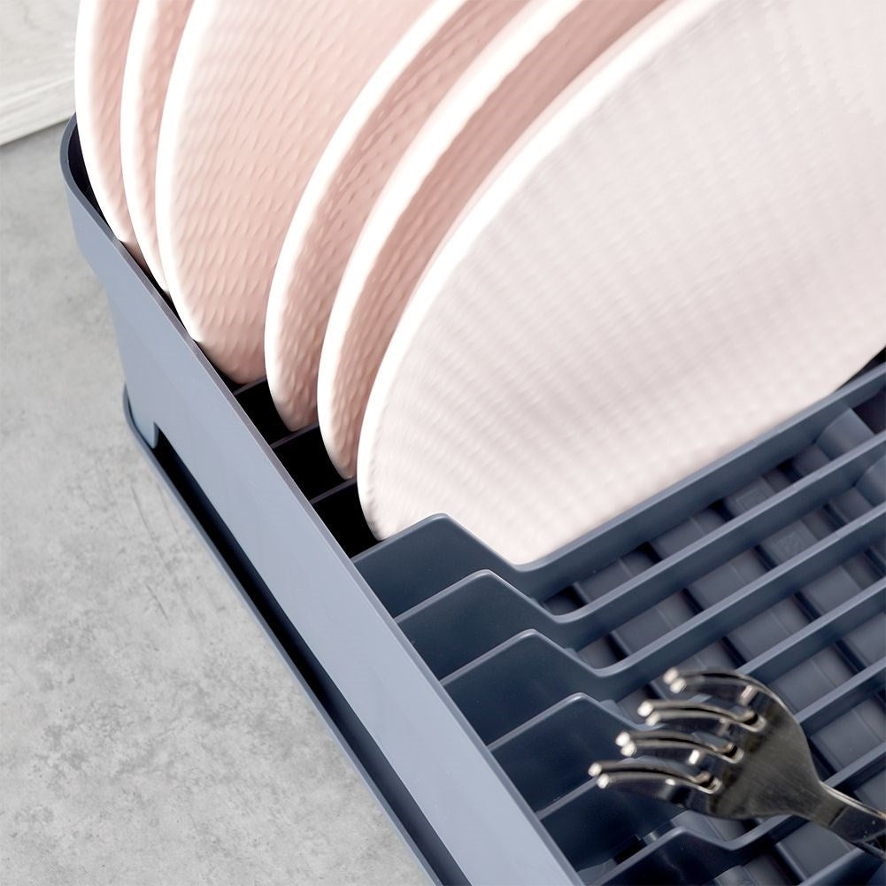 Practical graphite colored dish rack with flexible drip tray