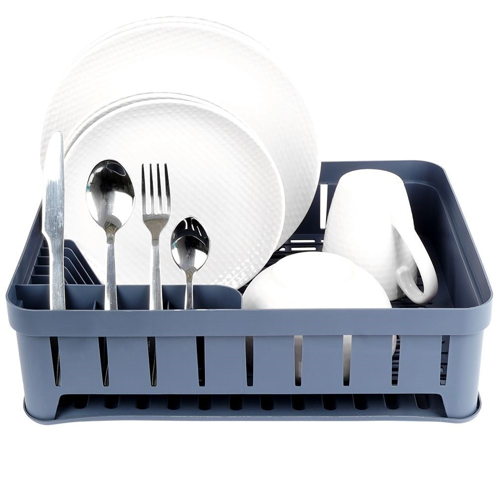 Practical graphite colored dish rack with flexible drip tray