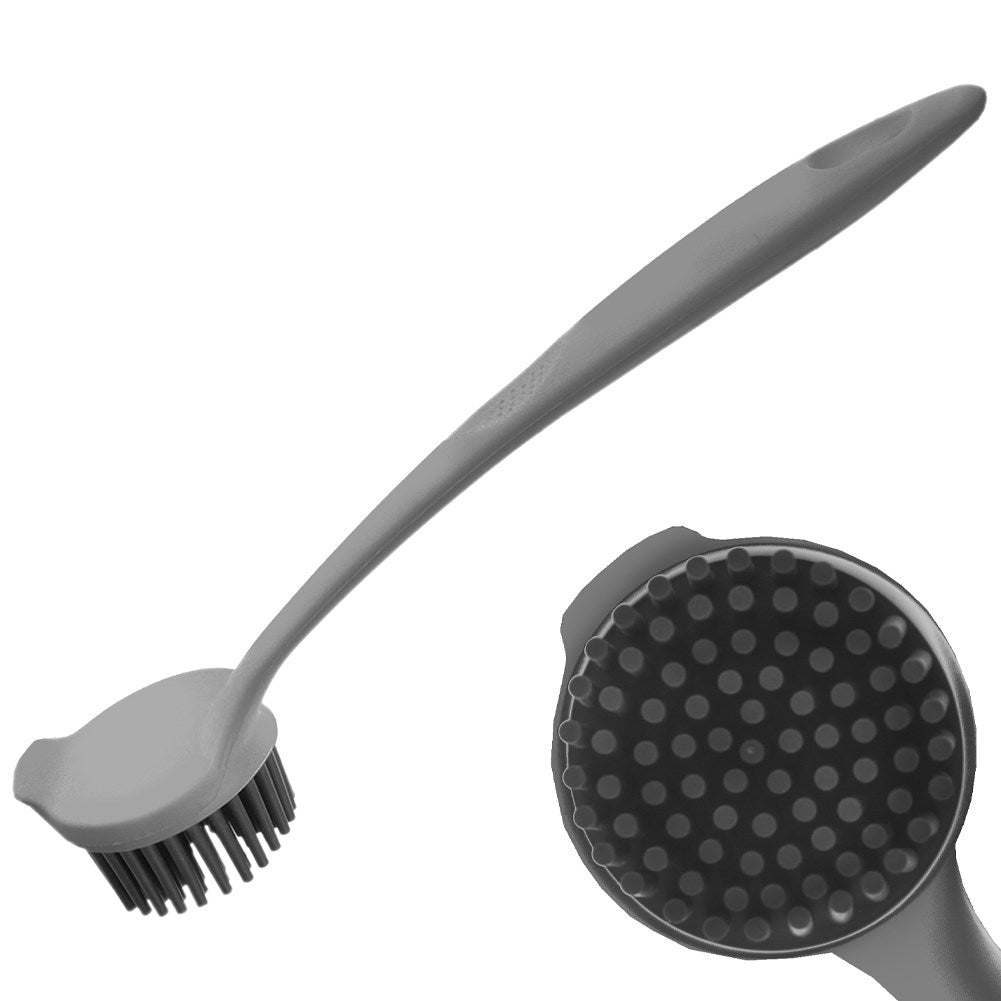 Practical gray plastic kitchen brush with silicone bristles.