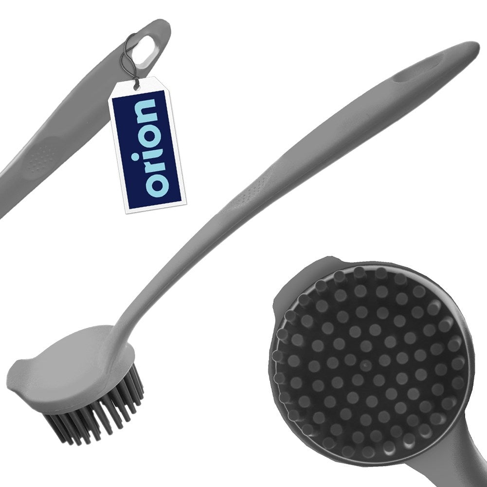 Practical gray plastic kitchen brush with silicone bristles.