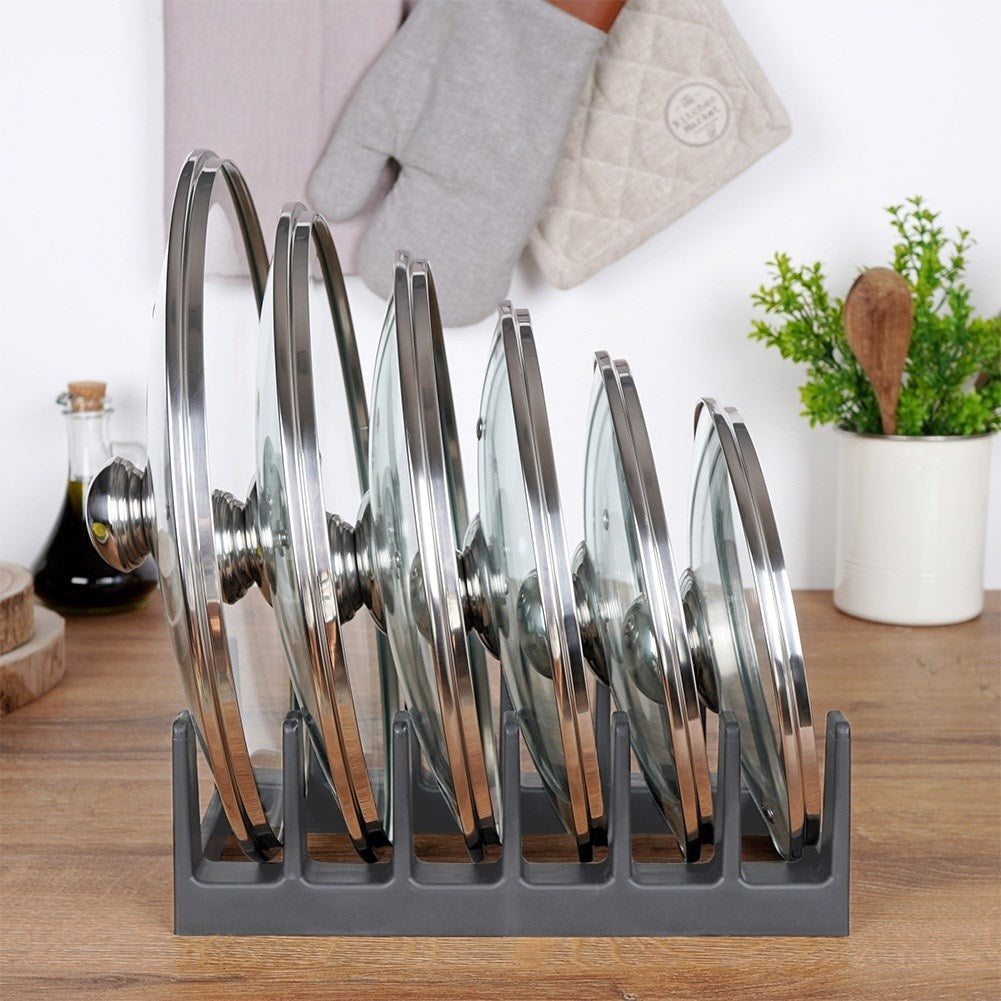 Practical gray plastic organizer for plates and lids