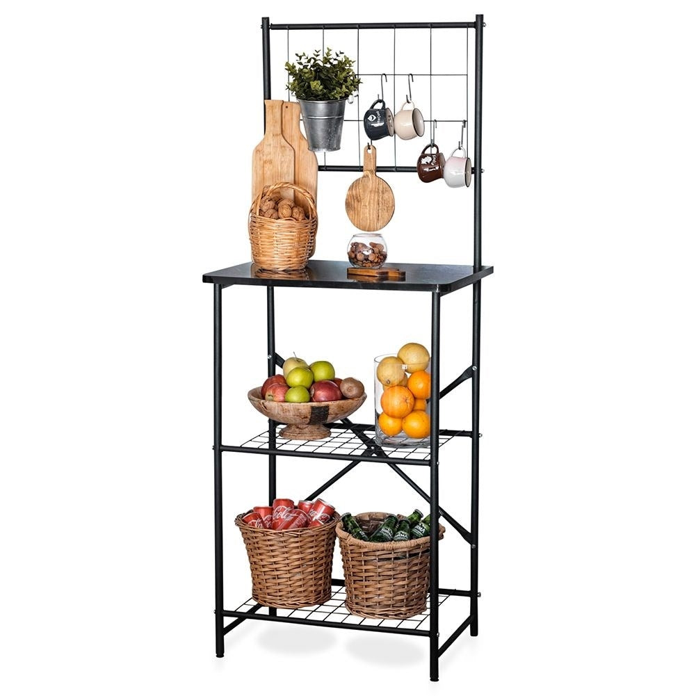 Practical kitchen shelf with extra storage and work surface