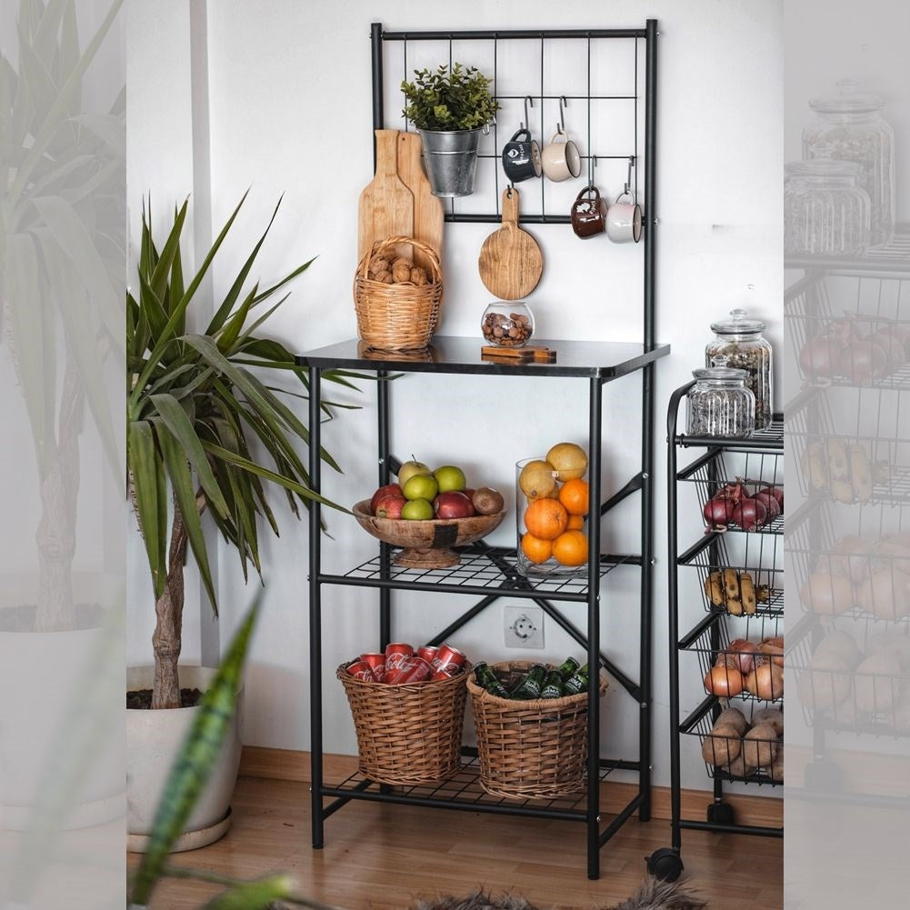 Practical kitchen shelf with extra storage and work surface