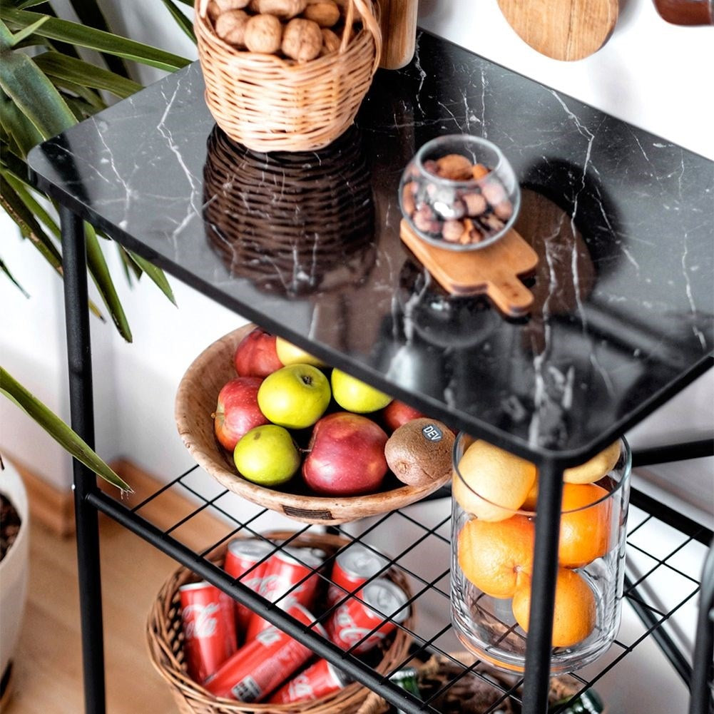 Practical kitchen shelf with extra storage and work surface