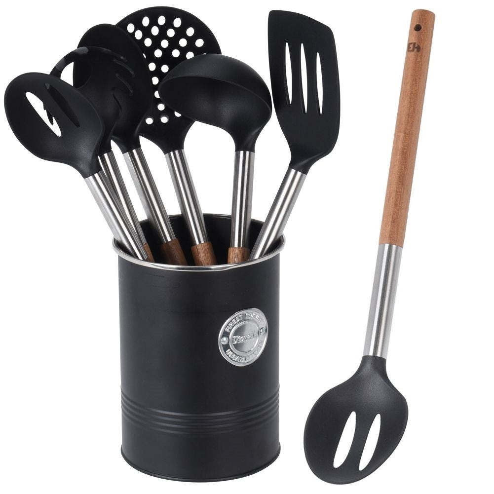 Practical kitchen utensil set in metal basket with 6 tools