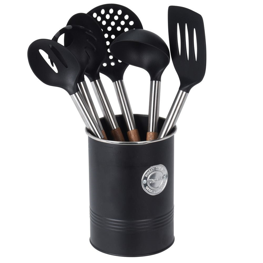 Practical kitchen utensil set in metal basket with 6 tools