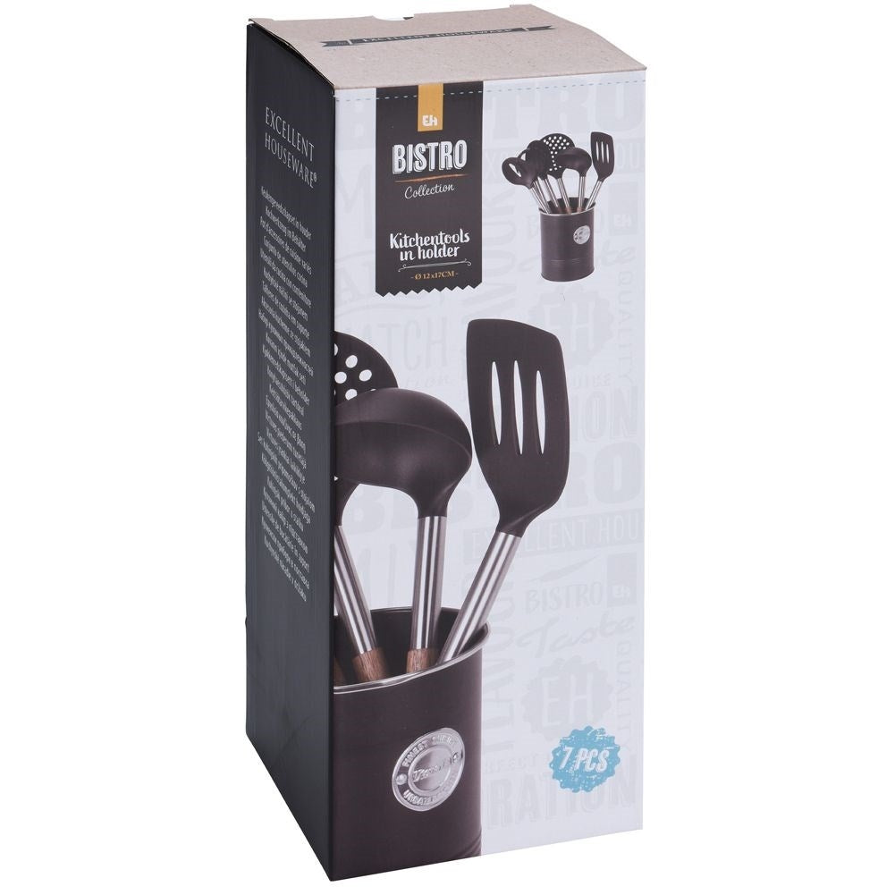 Practical kitchen utensil set in metal basket with 6 tools