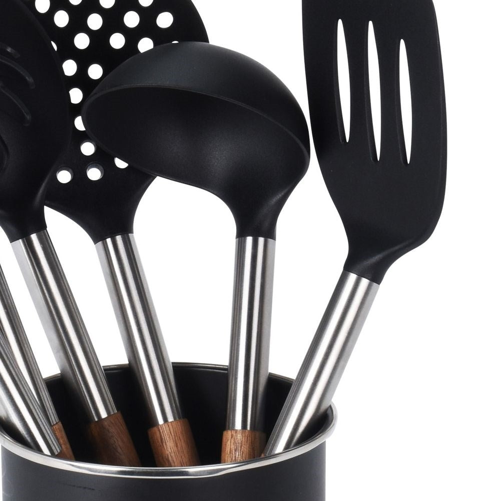Practical kitchen utensil set in metal basket with 6 tools