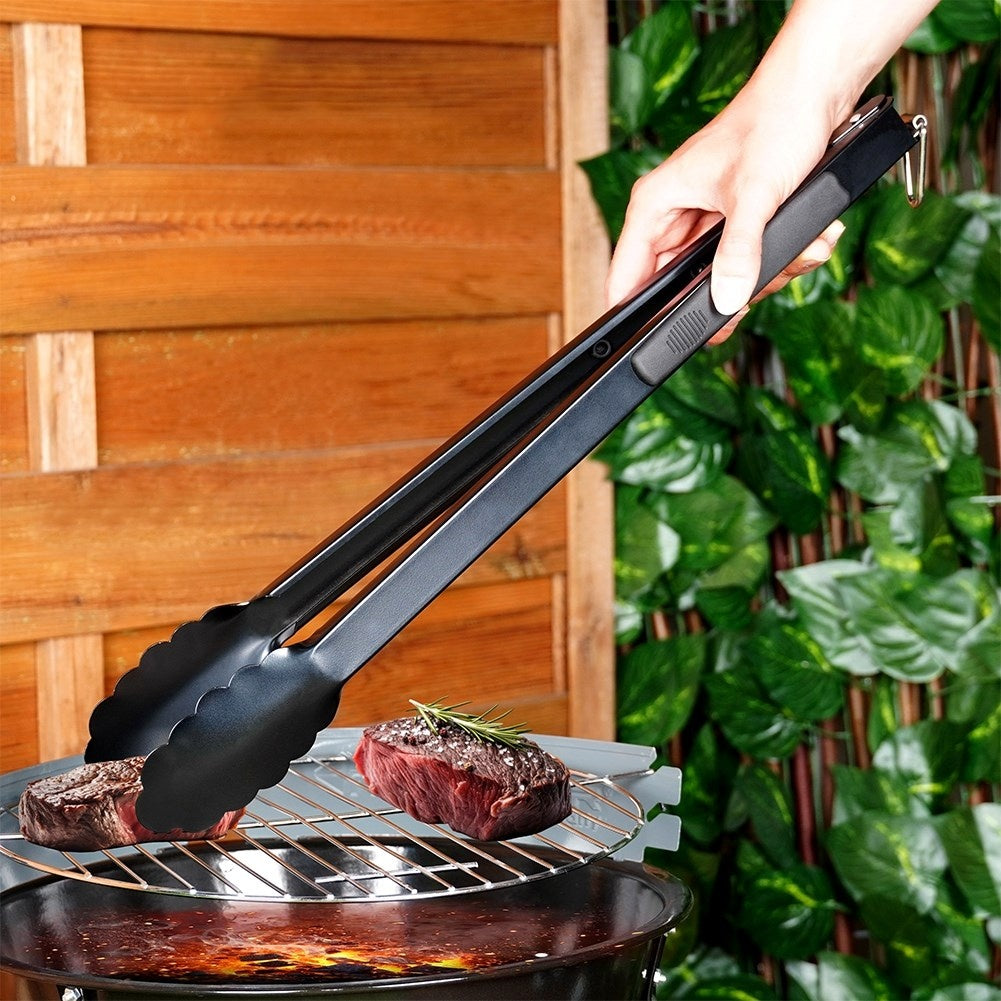 Practical long tongs in stainless steel for cooking