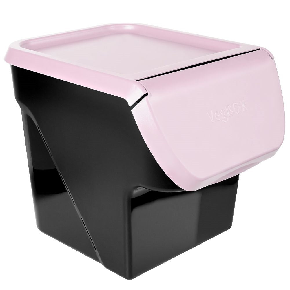 Practical plastic box for fruit and vegetables with an openable flap