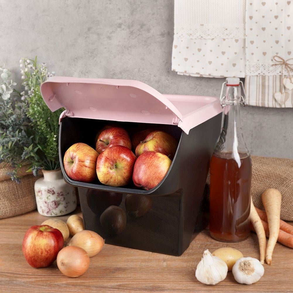 Practical plastic box for fruit and vegetables with an openable flap