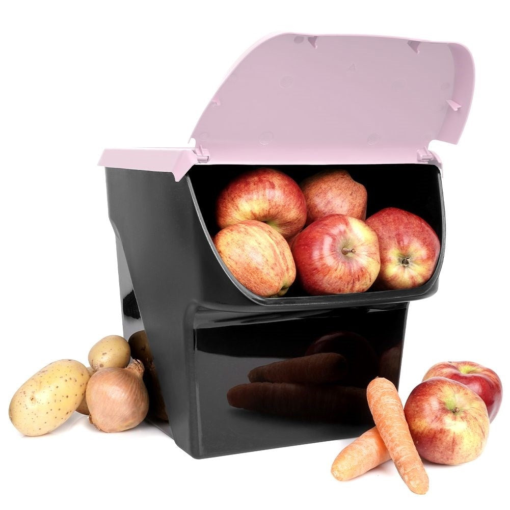 Practical plastic box for fruit and vegetables with an openable flap