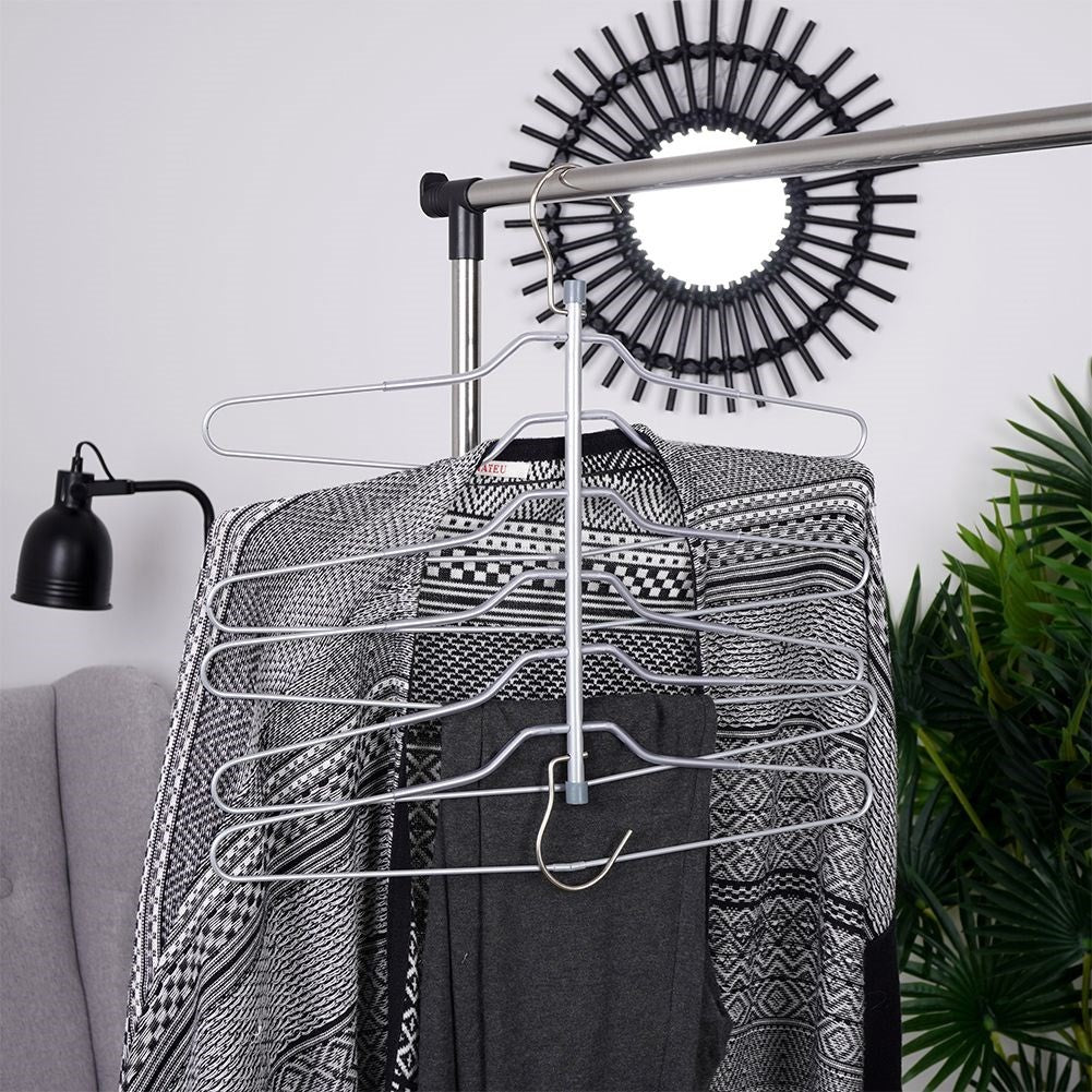 Practical robust metal clothes hanger for 6 garments with foldable hooks
