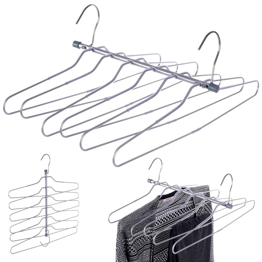 Practical robust metal clothes hanger for 6 garments with foldable hooks