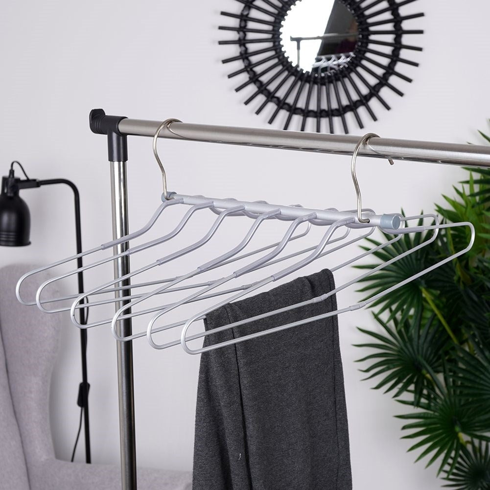 Practical robust metal clothes hanger for 6 garments with foldable hooks